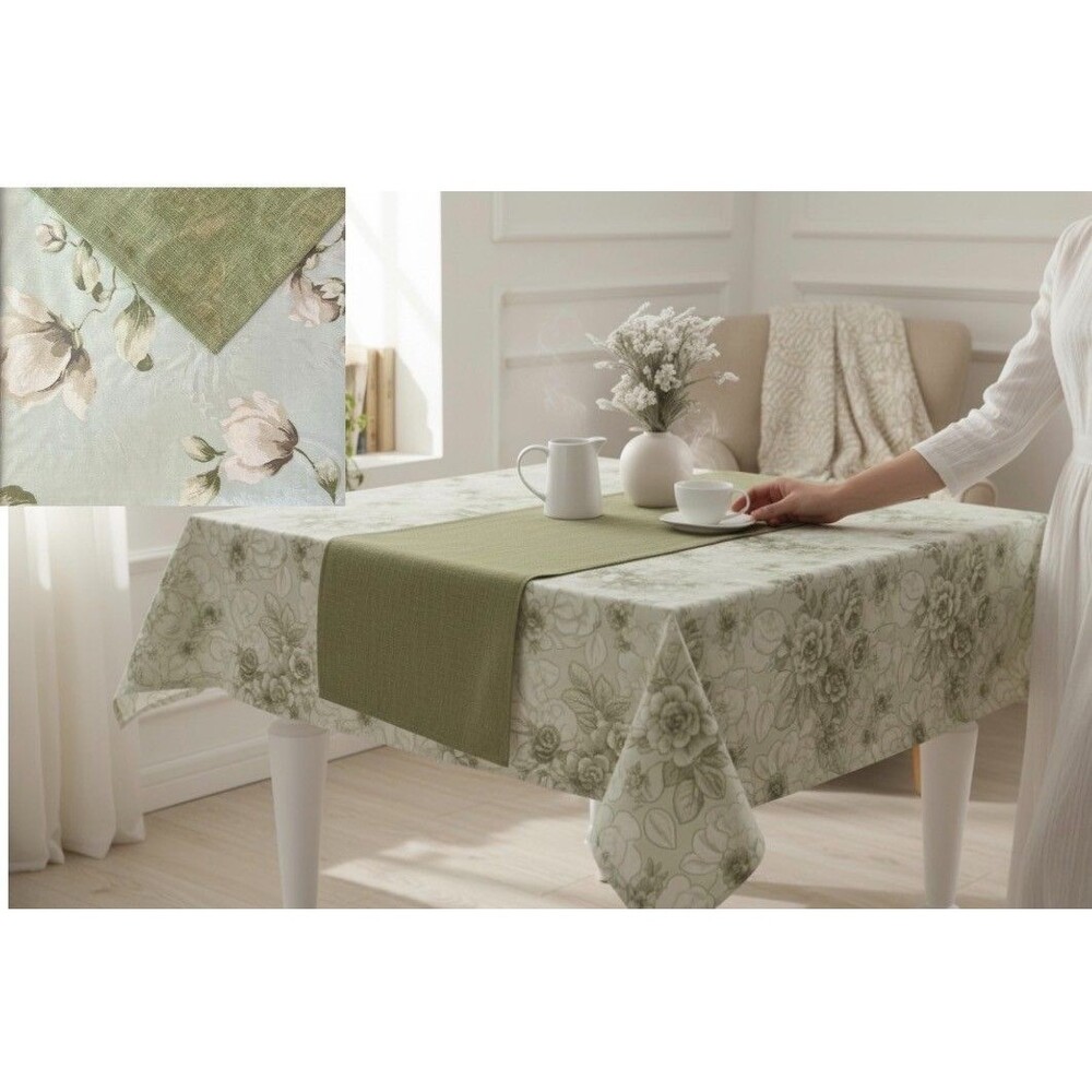 Cotton Box Washable 55"x55" Tablecloth w/10"x47" Runner 100%Cotton Floral Green